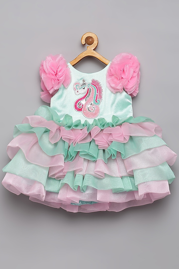 Mint Green & Pink Organza Hand Embroidered Frilled Dress For Girls by Tutus by tutu