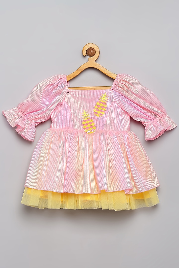 Pink & Yellow Satin Embroidered Holographic Dress For Girls by Tutus by tutu