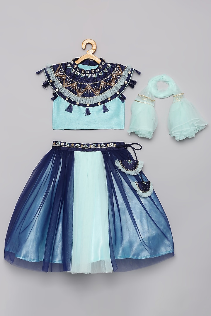 Blue Silk & Tulle Embroidered Lehenga Set For Girls by Tutus by tutu