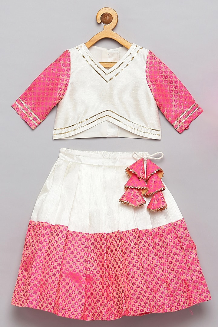 White & Pink Silk Pleated Lehenga Set For Girls by Tutus by tutu