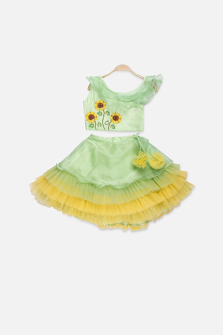 Green Tiered Lehenga Set For Girls by Tutus by tutu