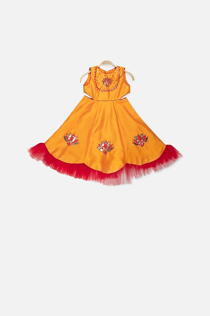 Red & Yellow Hand Embroidered Gown For Girls by Tutus by tutu