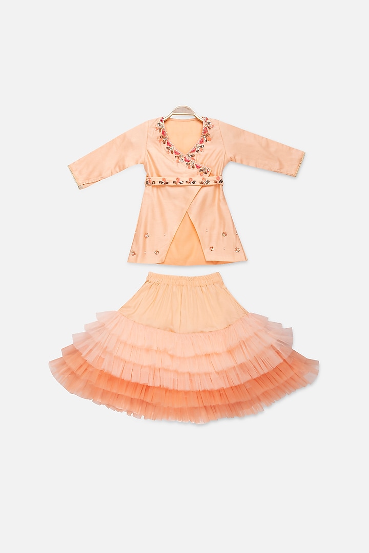 Peach Tulle Tiered Lehenga Set For Girls by Tutus by tutu
