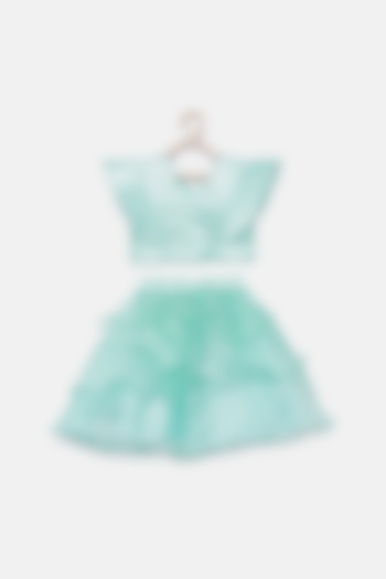 Mint Green Embroidered Tiered Lehenga Set For Girls by Tutus by tutu at Pernia's Pop Up Shop