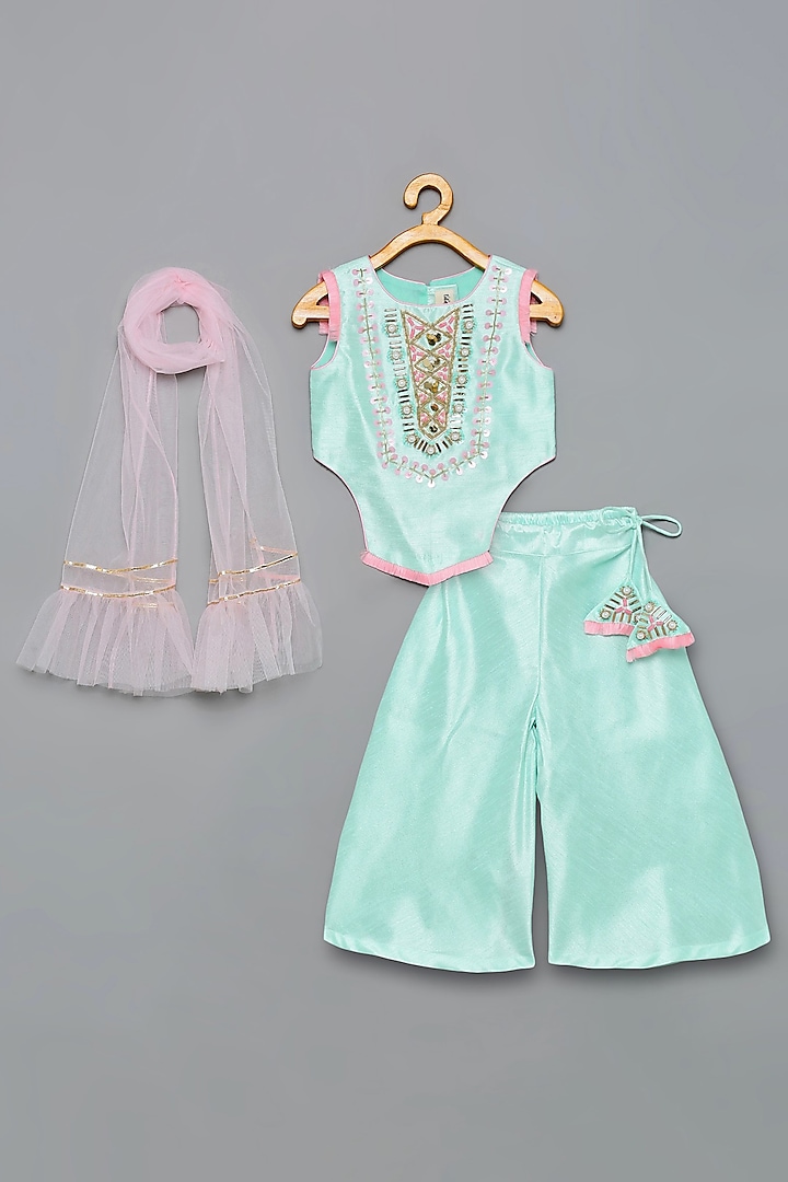 Mint Brocade Embroidered Pant Set For Girls by Tutus by tutu
