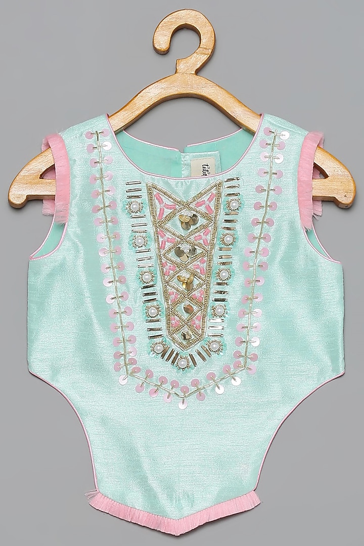 Mint Brocade Embroidered Pant Set For Girls by Tutus by tutu at Pernia's Pop Up Shop