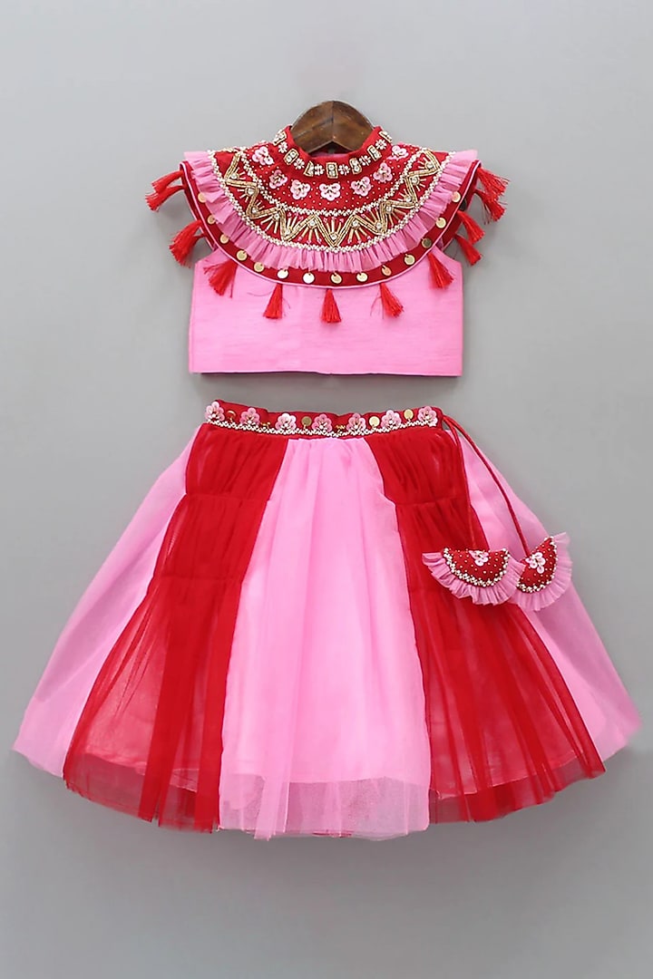Pink & Red Embroidered Lehenga Set For Girls by Tutus by tutu