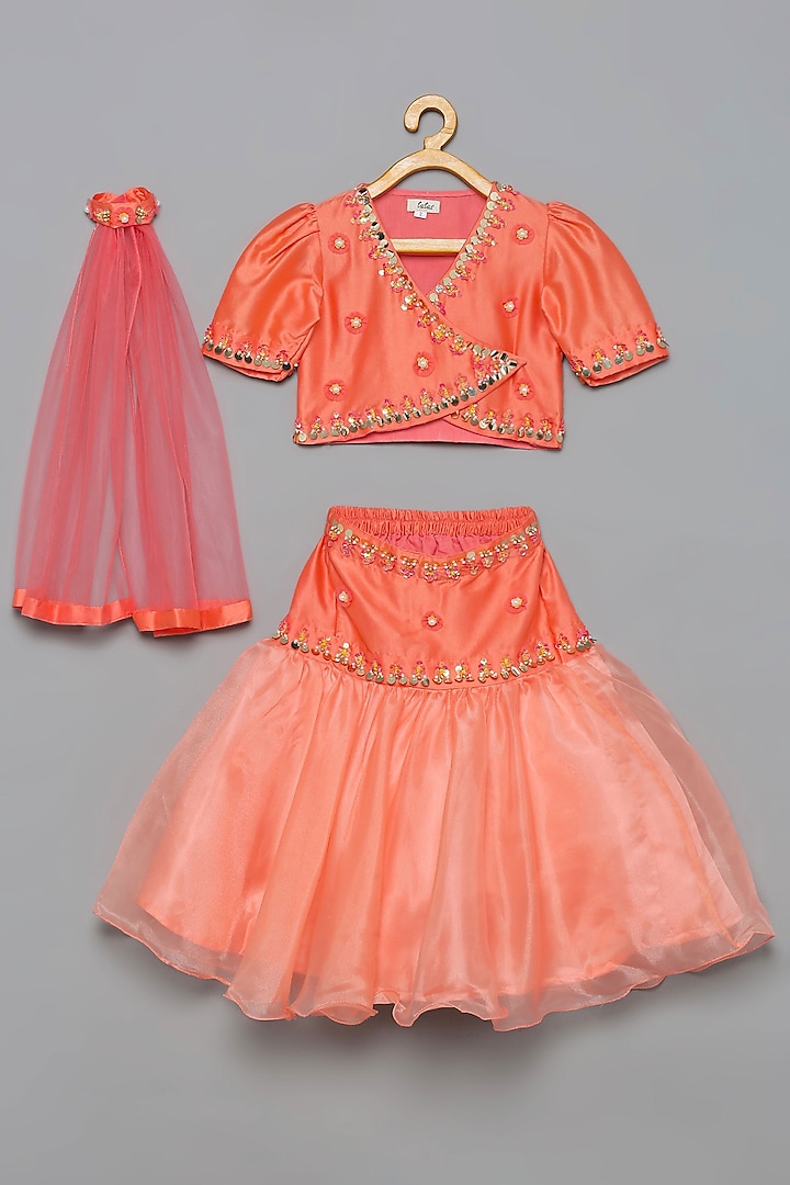 Peach Embroidered Lehenga Set For Girls by Tutus by tutu