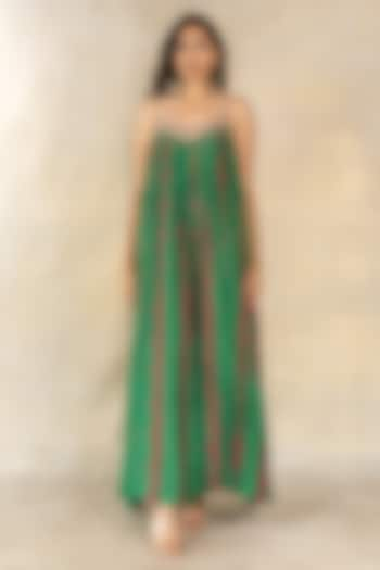 Dark Green Cotton Silk Stripe Printed & Embroidered Jumpsuit by TUSSAH BY SIDDHI SHAH at Pernia's Pop Up Shop