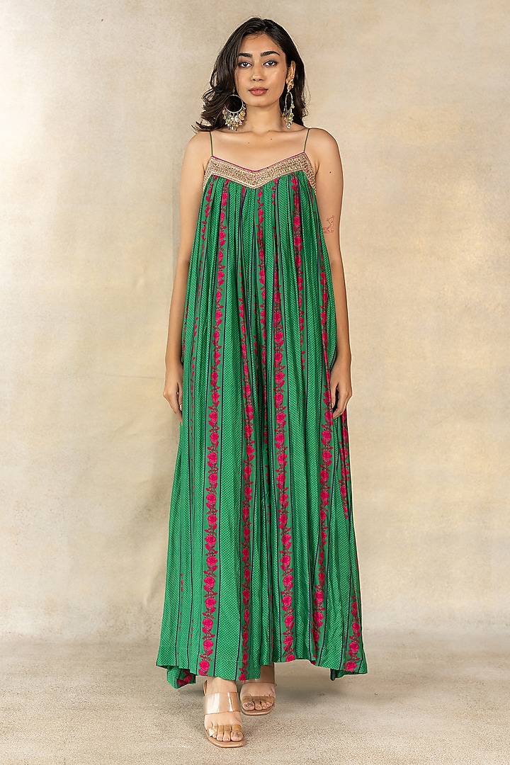 Dark Green Cotton Silk Stripe Printed & Embroidered Jumpsuit by TUSSAH BY SIDDHI SHAH at Pernia's Pop Up Shop