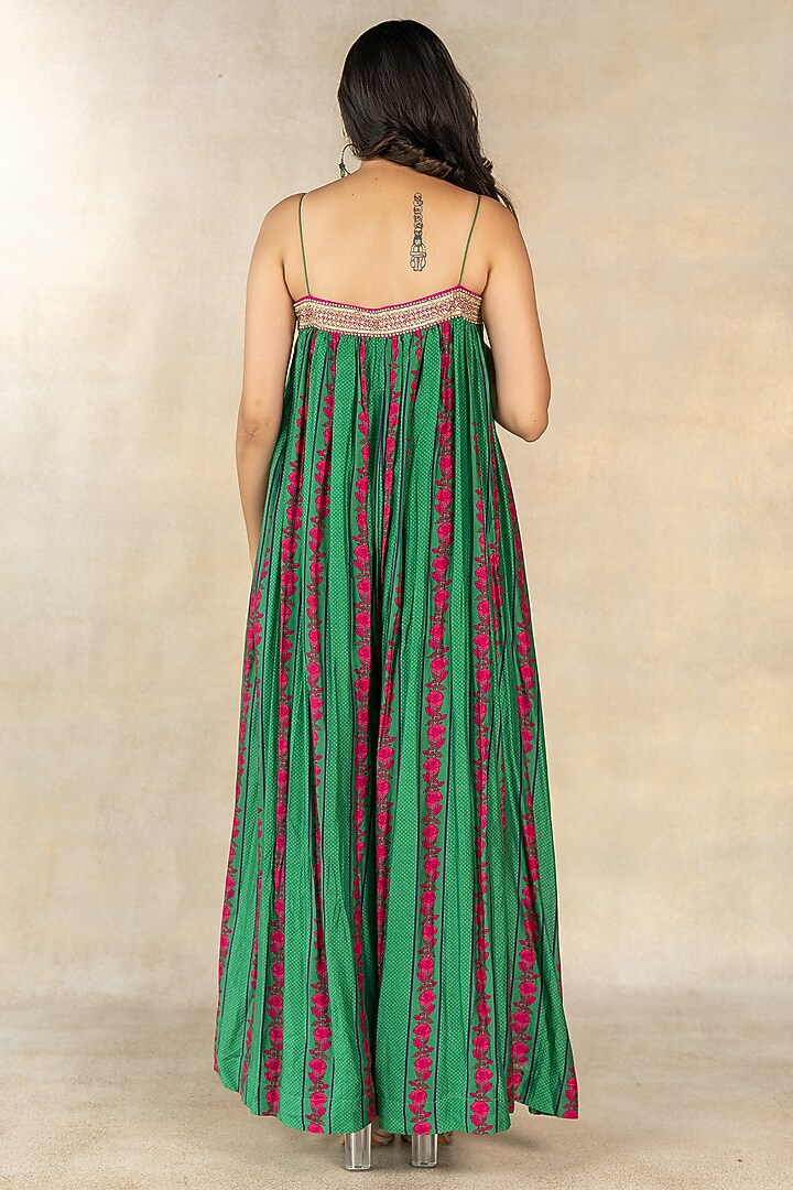 Dark Green Cotton Silk Stripe Printed & Embroidered Jumpsuit by TUSSAH BY SIDDHI SHAH at Pernia's Pop Up Shop