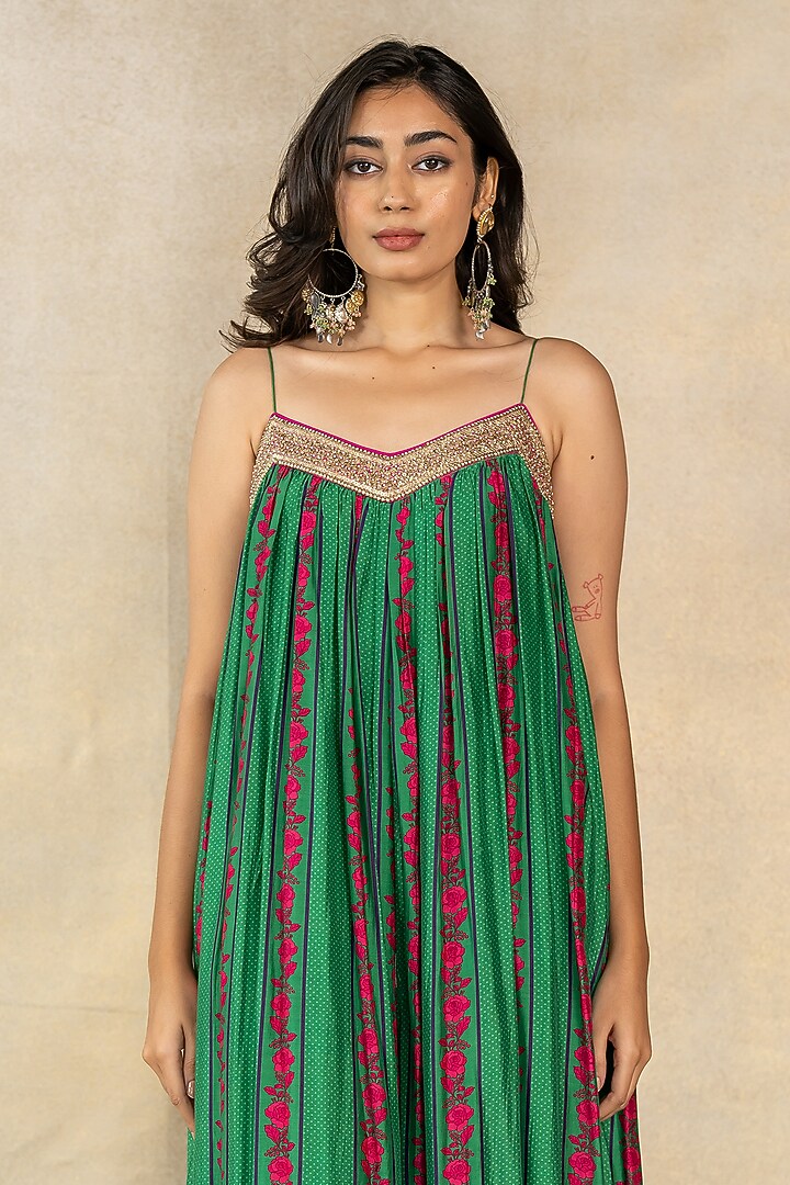 Dark Green Cotton Silk Stripe Printed & Embroidered Jumpsuit by TUSSAH BY SIDDHI SHAH at Pernia's Pop Up Shop
