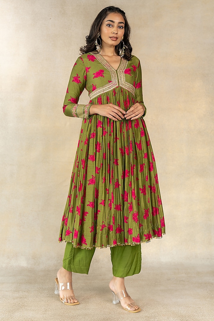 Mehendi Green Cotton Silk Printed & Hand Embroidered Anarkali Set by TUSSAH BY SIDDHI SHAH at Pernia's Pop Up Shop