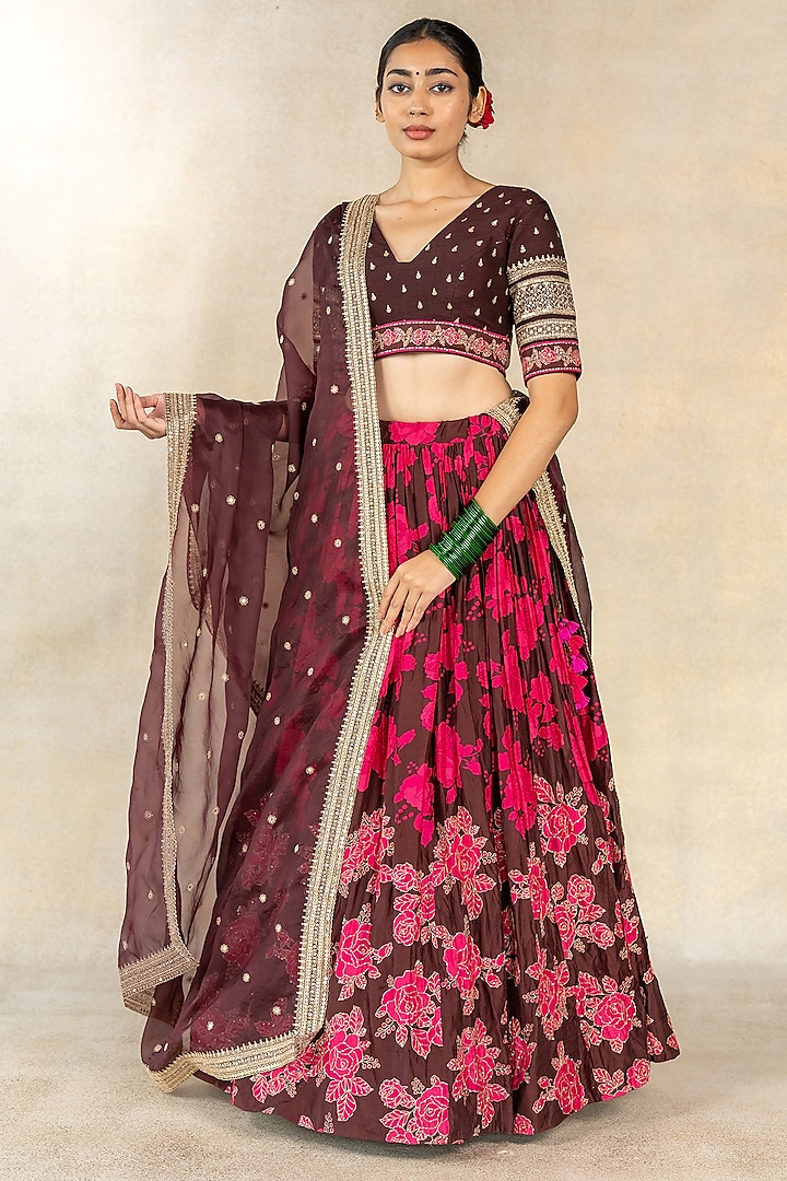 Brown Cotton Silk Printed & Hand Embroidered Wedding Lehenga Set by TUSSAH BY SIDDHI SHAH at Pernia's Pop Up Shop