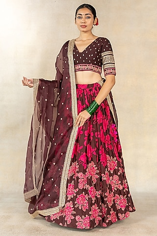 Brown Cotton Silk Printed & Hand Embroidered Lehenga Set by TUSSAH BY SIDDHI SHAH
