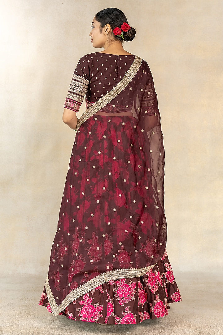 Brown Cotton Silk Printed & Hand Embroidered Wedding Lehenga Set by TUSSAH BY SIDDHI SHAH at Pernia's Pop Up Shop