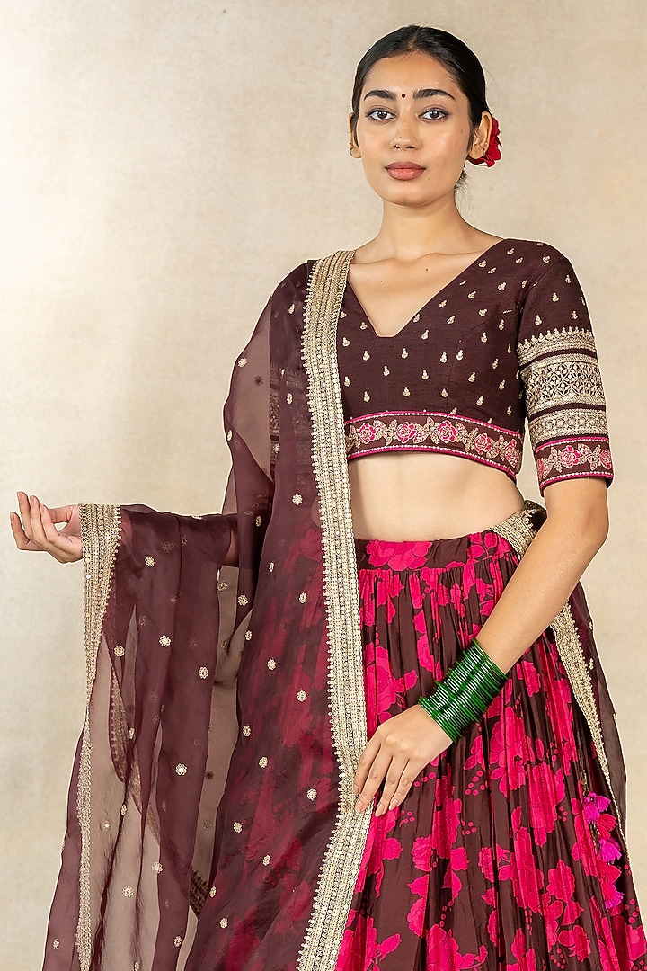 Brown Cotton Silk Printed & Hand Embroidered Wedding Lehenga Set by TUSSAH BY SIDDHI SHAH at Pernia's Pop Up Shop