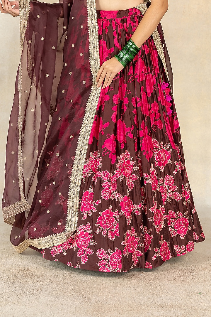 Brown Cotton Silk Printed & Hand Embroidered Wedding Lehenga Set by TUSSAH BY SIDDHI SHAH at Pernia's Pop Up Shop