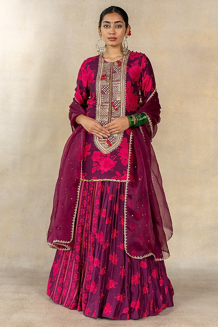 Magenta Cotton Silk Printed Wedding Lehenga Set by TUSSAH BY SIDDHI SHAH at Pernia's Pop Up Shop