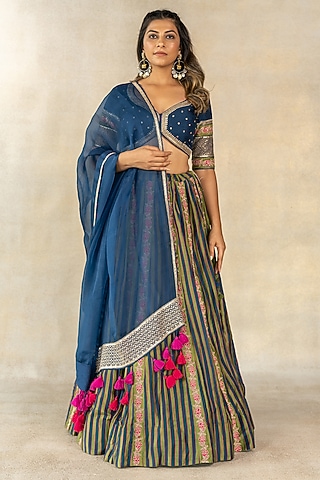 Mehendi Green & Teal Blue Cotton Silk Stripe Printed Lehenga Set by TUSSAH BY SIDDHI SHAH