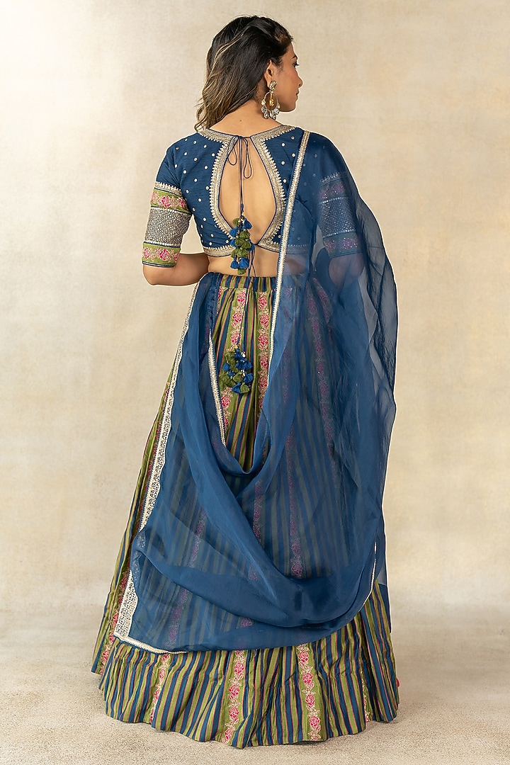 Mehendi Green & Teal Blue Cotton Silk Stripe Printed Wedding Lehenga Set by TUSSAH BY SIDDHI SHAH at Pernia's Pop Up Shop