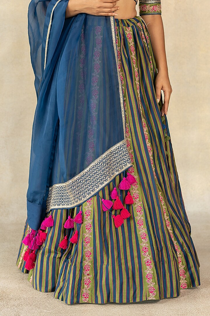 Mehendi Green & Teal Blue Cotton Silk Stripe Printed Wedding Lehenga Set by TUSSAH BY SIDDHI SHAH at Pernia's Pop Up Shop