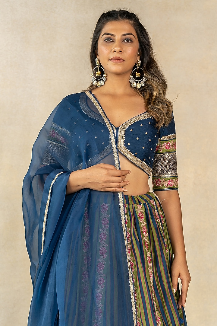 Mehendi Green & Teal Blue Cotton Silk Stripe Printed Wedding Lehenga Set by TUSSAH BY SIDDHI SHAH at Pernia's Pop Up Shop