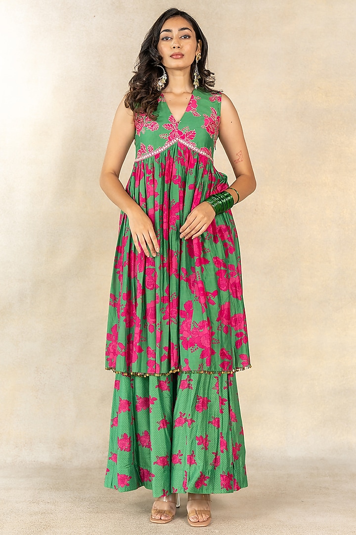 Dark Green Cotton Silk Floral Printed Sharara Set by TUSSAH BY SIDDHI SHAH at Pernia's Pop Up Shop