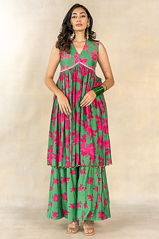 Dark Green Cotton Silk Floral Printed Sharara Set by TUSSAH BY SIDDHI SHAH