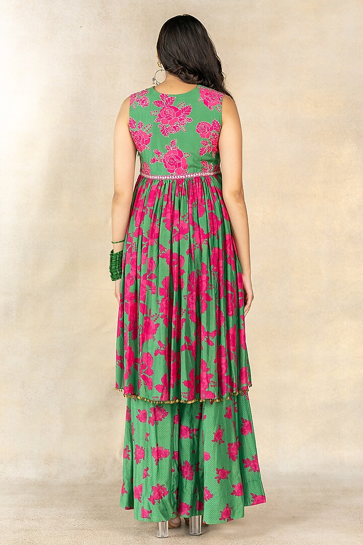Dark Green Cotton Silk Floral Printed Wedding Sharara Set by TUSSAH BY SIDDHI SHAH at Pernia's Pop Up Shop