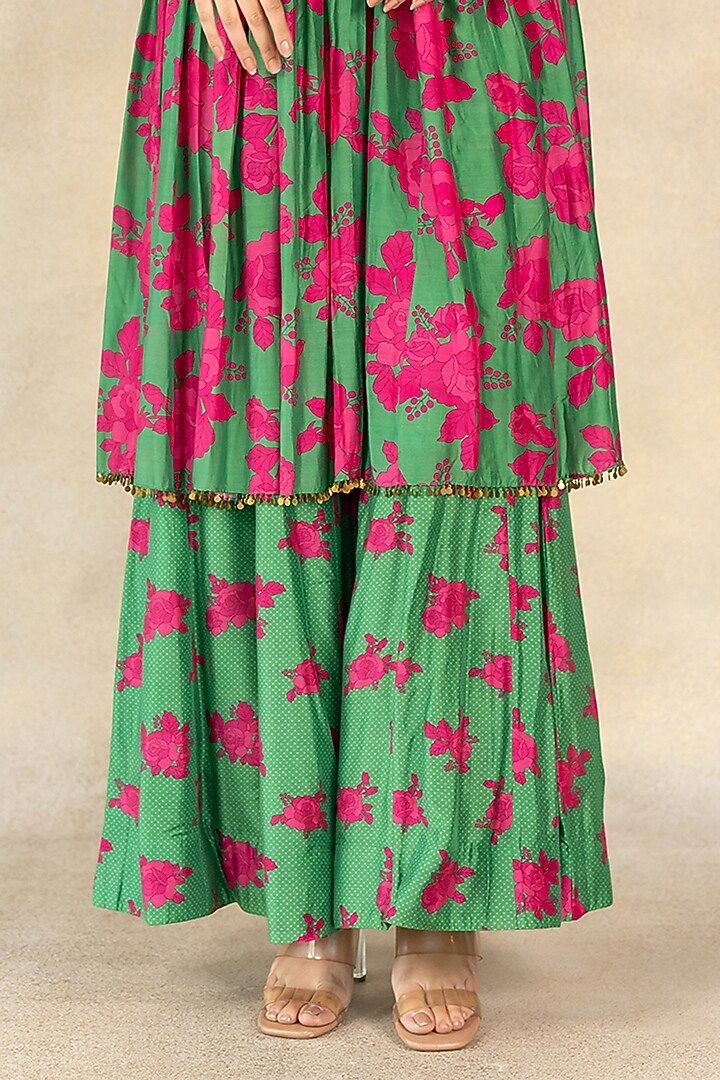 Dark Green Cotton Silk Floral Printed Wedding Sharara Set by TUSSAH BY SIDDHI SHAH at Pernia's Pop Up Shop