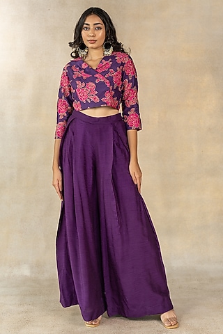 Purple Cotton Silk Floral Printed Cropped Blazer Set by TUSSAH BY SIDDHI SHAH