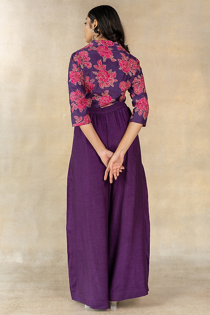 Purple Cotton Silk Floral Printed Cropped Blazer Set by TUSSAH BY SIDDHI SHAH at Pernia's Pop Up Shop