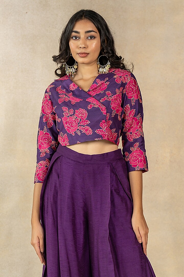 Purple Cotton Silk Floral Printed Cropped Blazer Set by TUSSAH BY SIDDHI SHAH at Pernia's Pop Up Shop