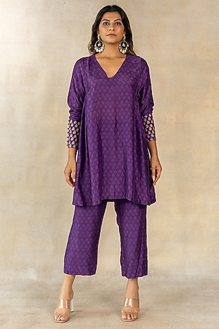 Purple Cotton Silk Motif Printed Kurta Set by TUSSAH BY SIDDHI SHAH