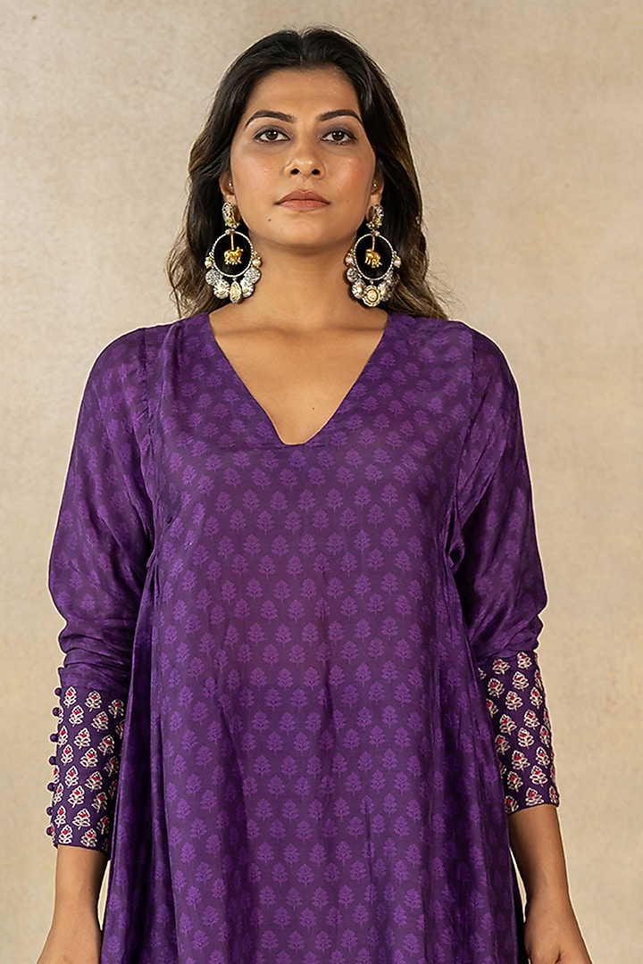 Purple Cotton Silk Motif Printed Kurta Set by TUSSAH BY SIDDHI SHAH at Pernia's Pop Up Shop