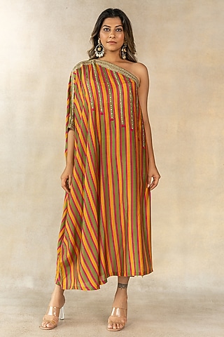 Multi-Colored Cotton Silk Stripe Printed One-Shoulder Kaftan by TUSSAH BY SIDDHI SHAH