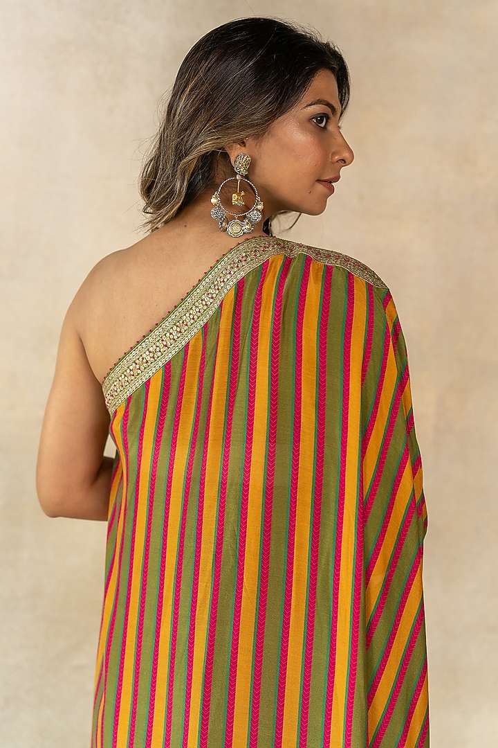 Multi-Colored Cotton Silk Stripe Printed One-Shoulder Kaftan by TUSSAH BY SIDDHI SHAH at Pernia's Pop Up Shop