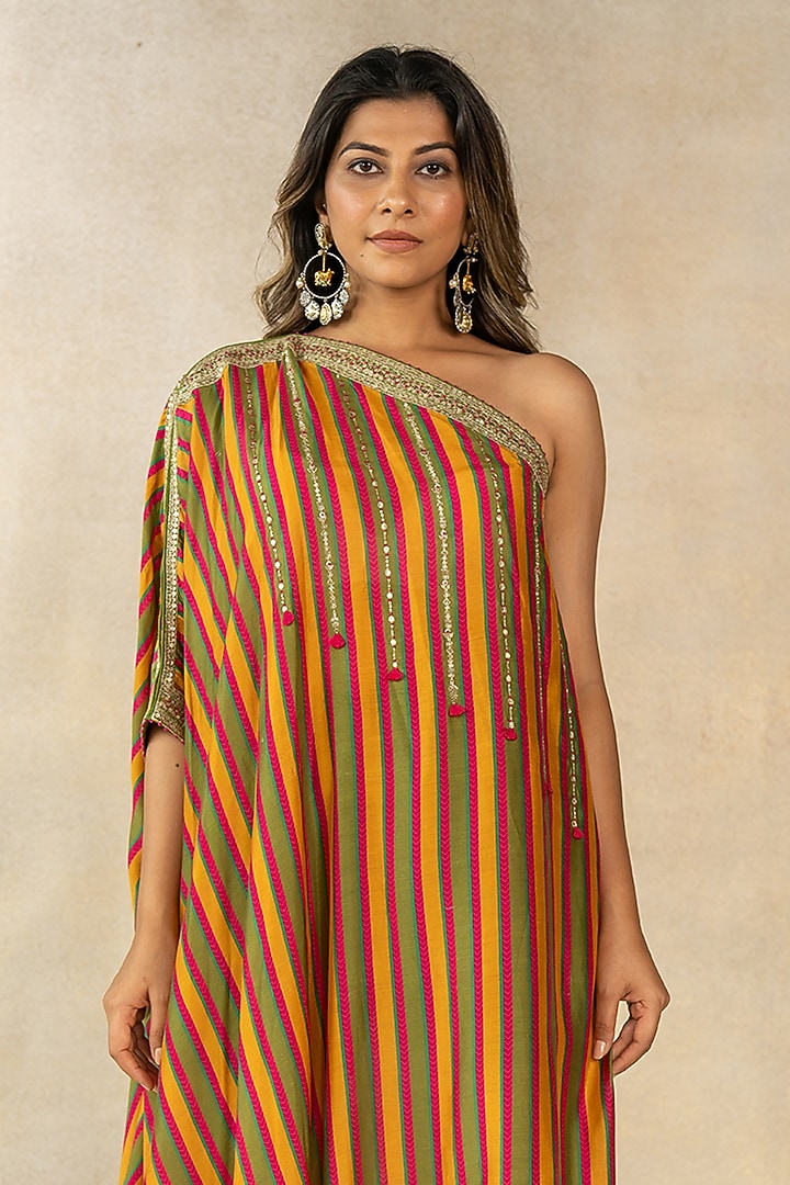 Multi-Colored Cotton Silk Stripe Printed One-Shoulder Kaftan by TUSSAH BY SIDDHI SHAH at Pernia's Pop Up Shop