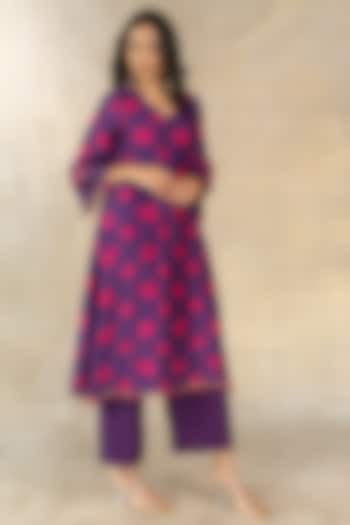 Purple Cotton Silk Floral Dot Printed A-Line Kurta Set by TUSSAH BY SIDDHI SHAH at Pernia's Pop Up Shop