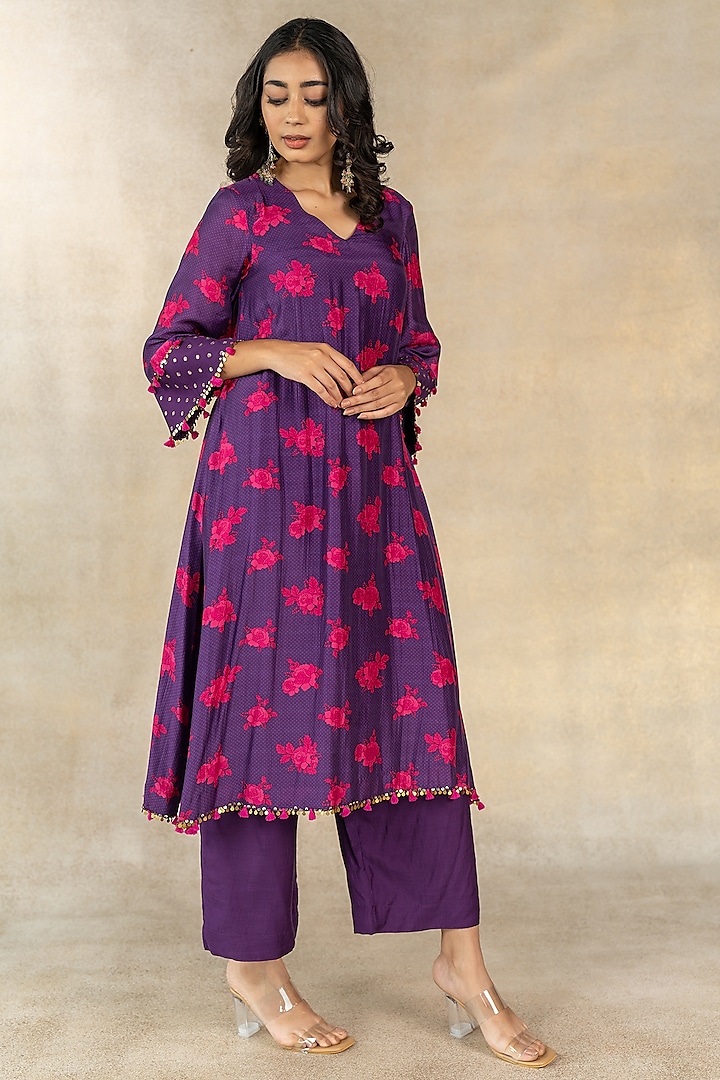 Purple Cotton Silk Floral Dot Printed A-Line Kurta Set by TUSSAH BY SIDDHI SHAH at Pernia's Pop Up Shop