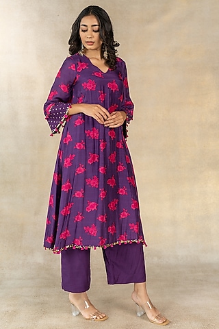 Purple Cotton Silk Floral Dot Printed A-Line Kurta Set by TUSSAH BY SIDDHI SHAH