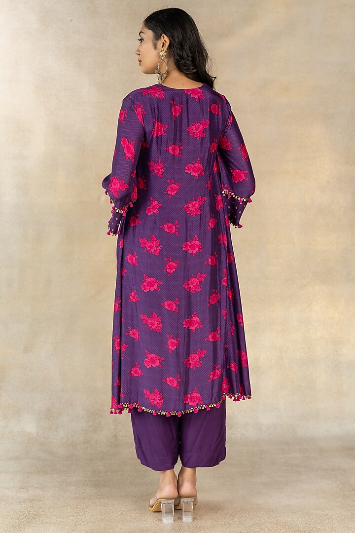 Purple Cotton Silk Floral Dot Printed A-Line Kurta Set by TUSSAH BY SIDDHI SHAH at Pernia's Pop Up Shop