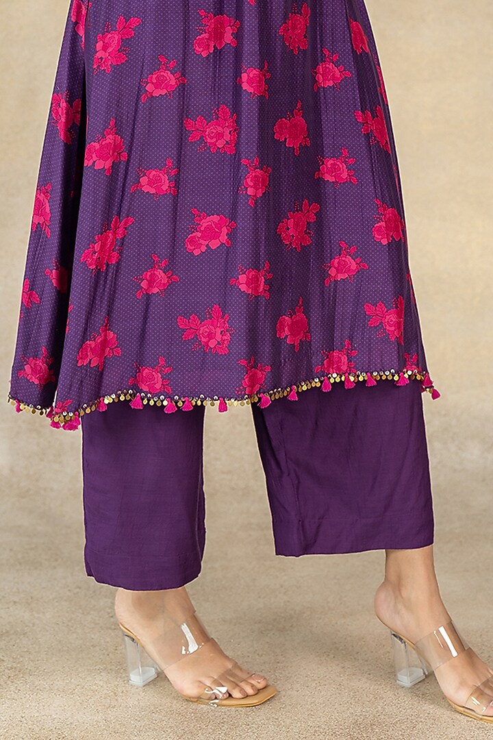 Purple Cotton Silk Floral Dot Printed A-Line Kurta Set by TUSSAH BY SIDDHI SHAH at Pernia's Pop Up Shop