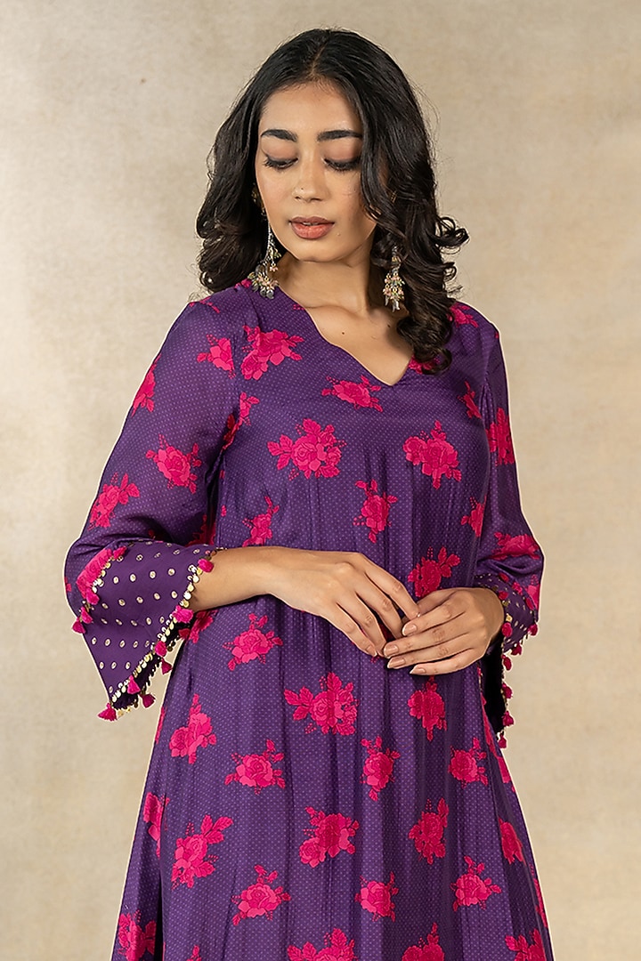 Purple Cotton Silk Floral Dot Printed A-Line Kurta Set by TUSSAH BY SIDDHI SHAH at Pernia's Pop Up Shop