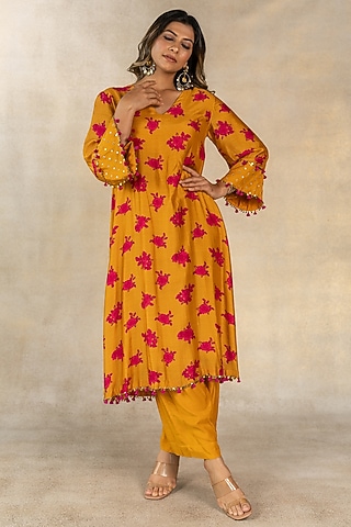 Mustard Cotton Silk Floral Dot Printed A-Line Kurta Set by TUSSAH BY SIDDHI SHAH