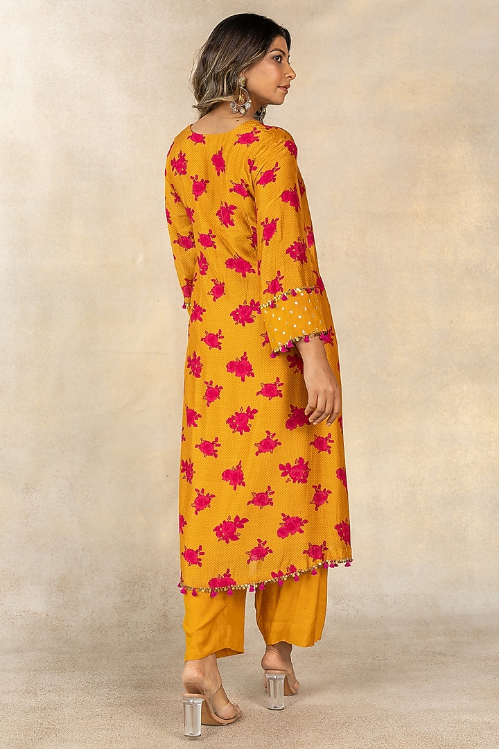 Mustard Cotton Silk Floral Dot Printed A-Line Kurta Set by TUSSAH BY SIDDHI SHAH at Pernia's Pop Up Shop