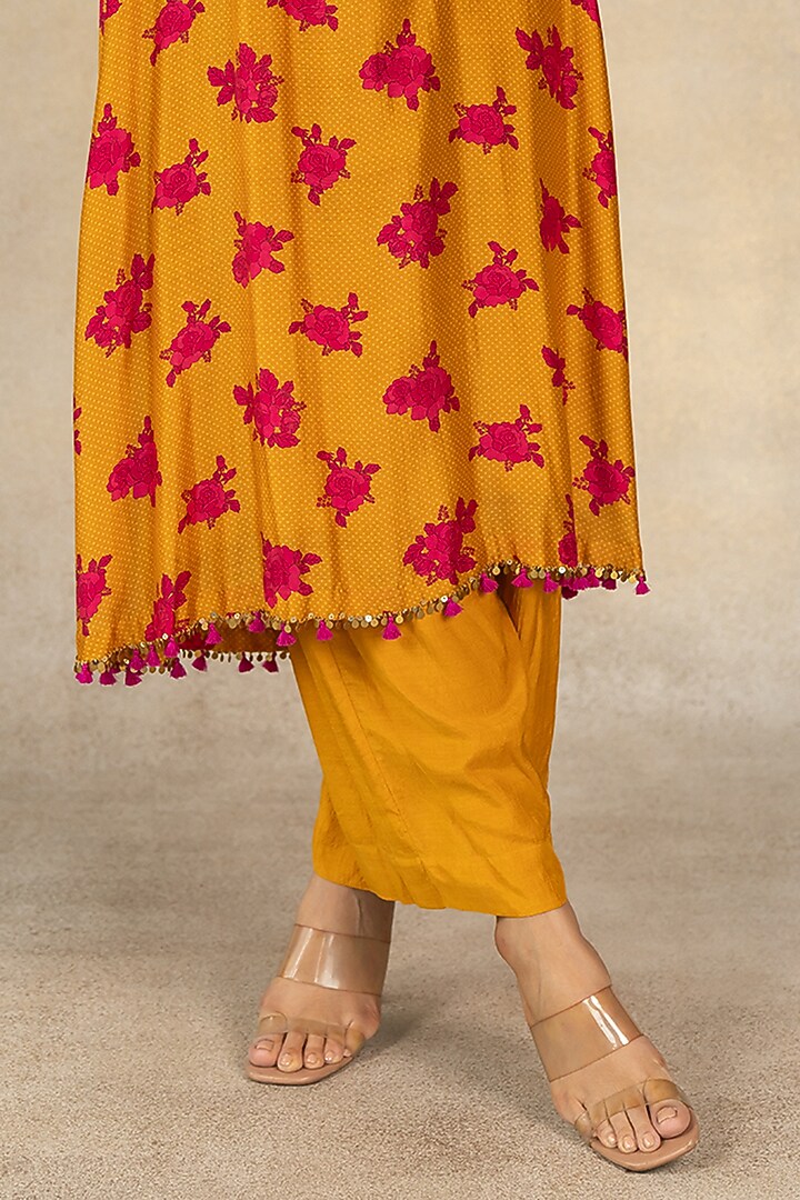 Mustard Cotton Silk Floral Dot Printed A-Line Kurta Set by TUSSAH BY SIDDHI SHAH at Pernia's Pop Up Shop