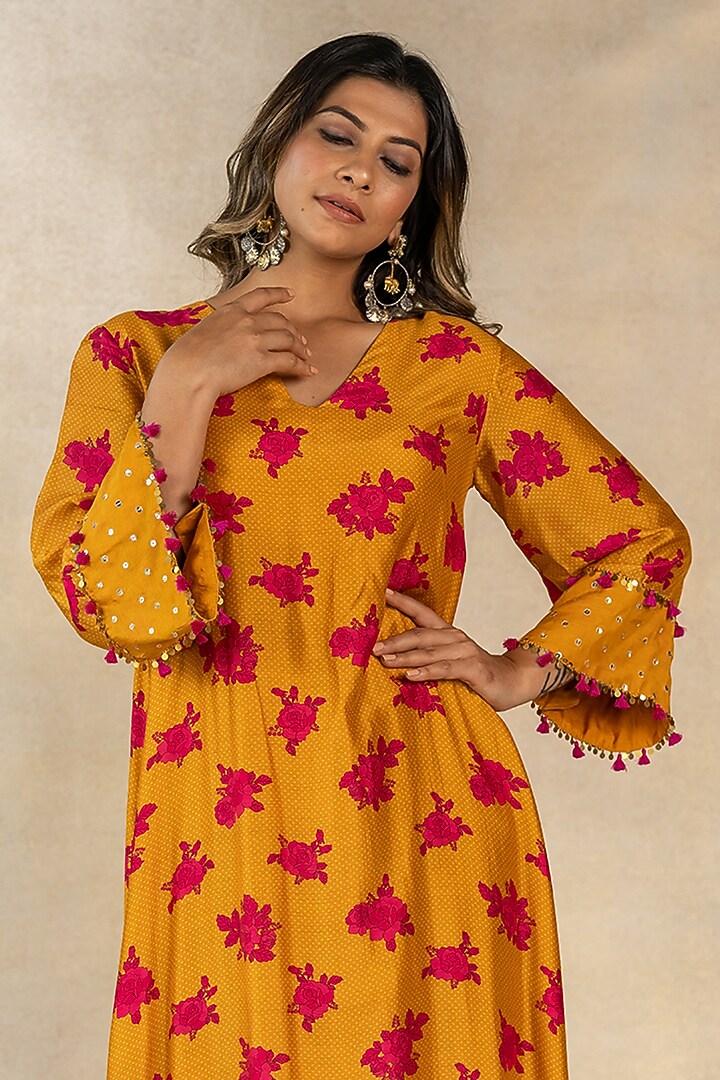 Mustard Cotton Silk Floral Dot Printed A-Line Kurta Set by TUSSAH BY SIDDHI SHAH at Pernia's Pop Up Shop