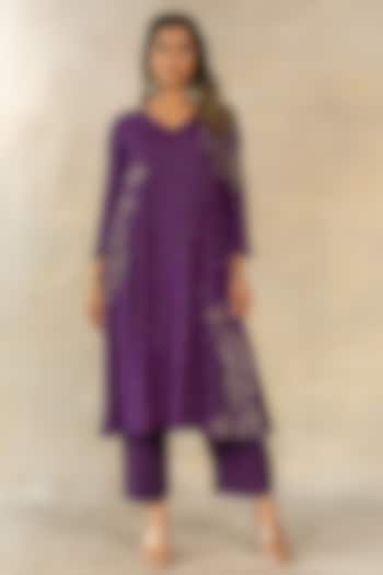 Purple Cotton Silk Hand Embroidered A-Line Kurta Set by TUSSAH BY SIDDHI SHAH at Pernia's Pop Up Shop